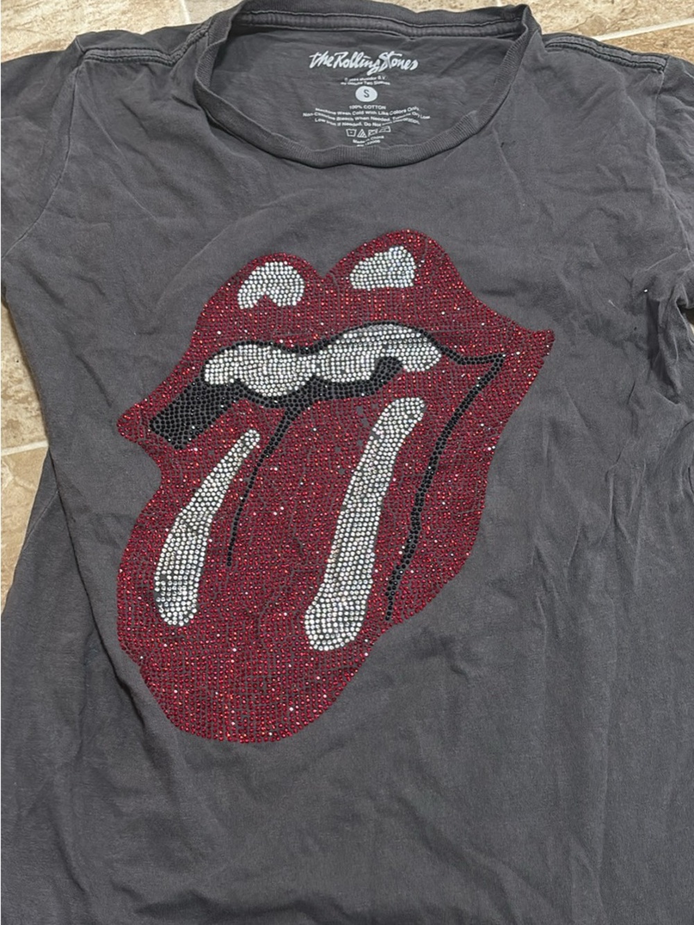 the Rolling Stones Black Kids Tee with Red and White Crystal Tongue